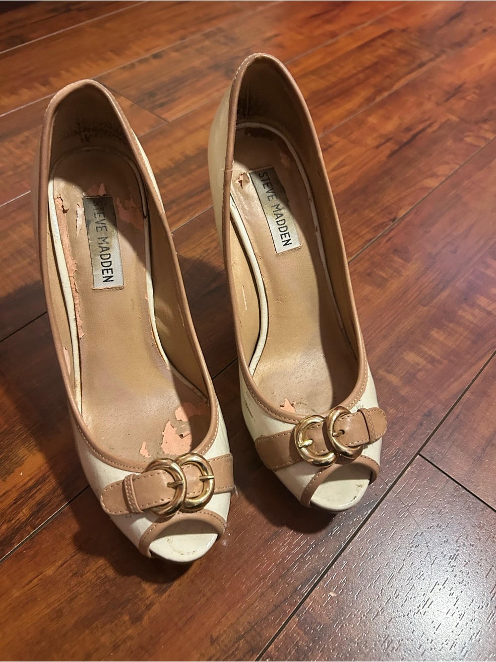 Steve Madden Two-Tone Beige and Tan Peep Toe Heels with Gold Rings